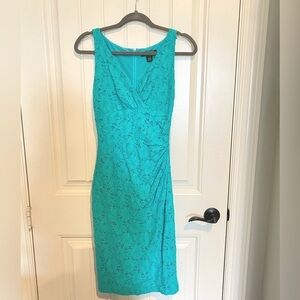 Ralph Lauren teal embroidered lace cotton sleeveless midi dress, ruched, sz 2
